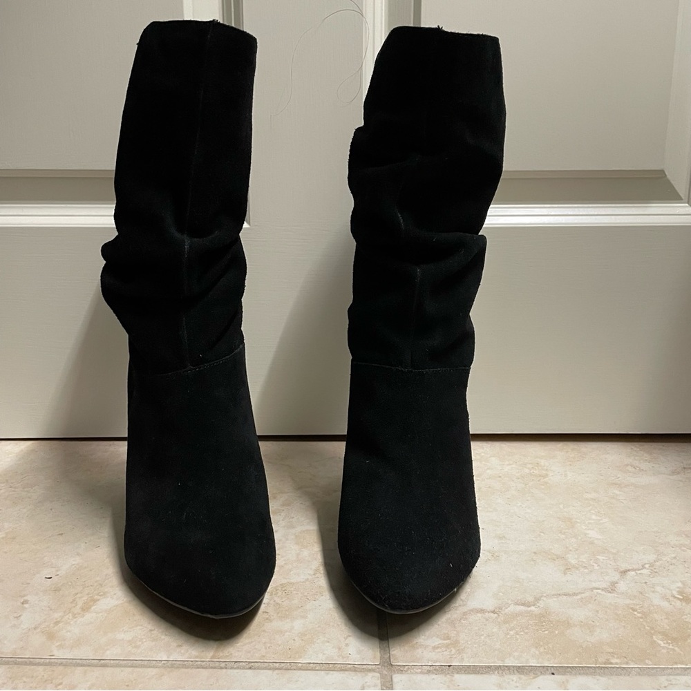 Audrey Brooke black suede leather stiletto heel boots